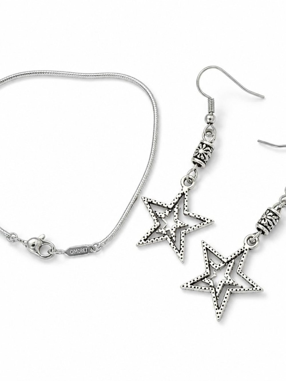 Monet Herringbone Bracelet + Handmade Star Dangle Earrings Silver Tone Set